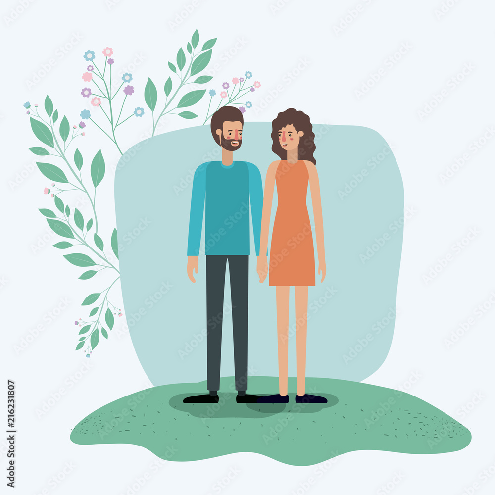 lovers couple in the grass with leafs frame vector illustration design lovers couple in the grass with leafs frame vector illustration design