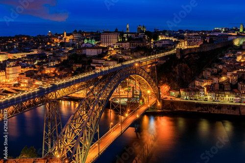 Cityscape of Porto, Portugal over Dom Luis I Bridge and Douro River at sunset