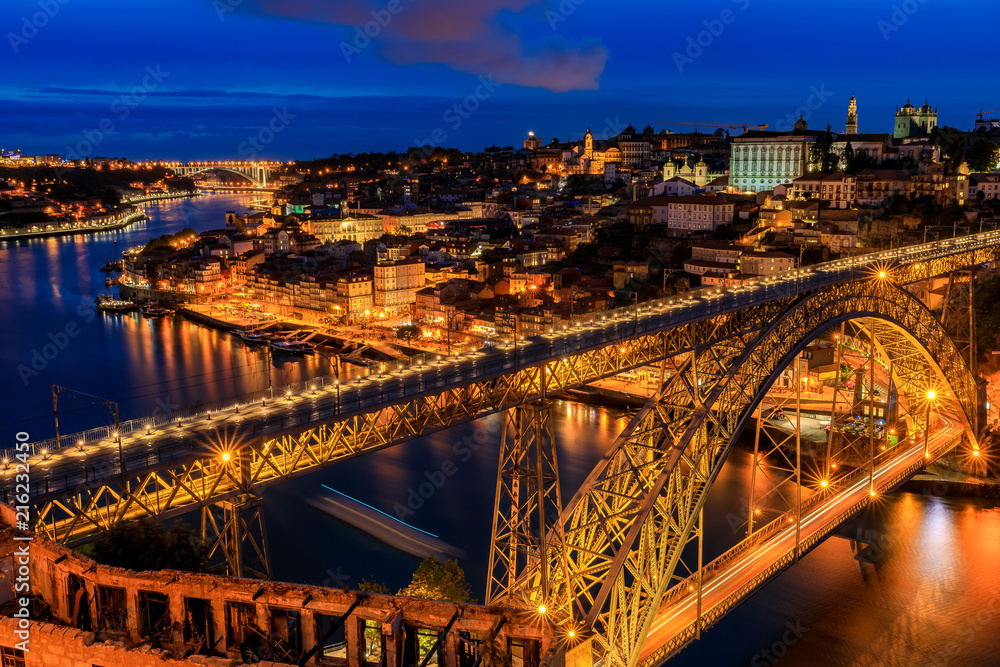 Cityscape of Porto, Portugal over Dom Luis I Bridge and Douro River at sunset