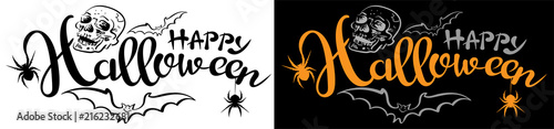 Halloween background with skull, bats, spiders and inscription Happy Halloween. Vector illustration
