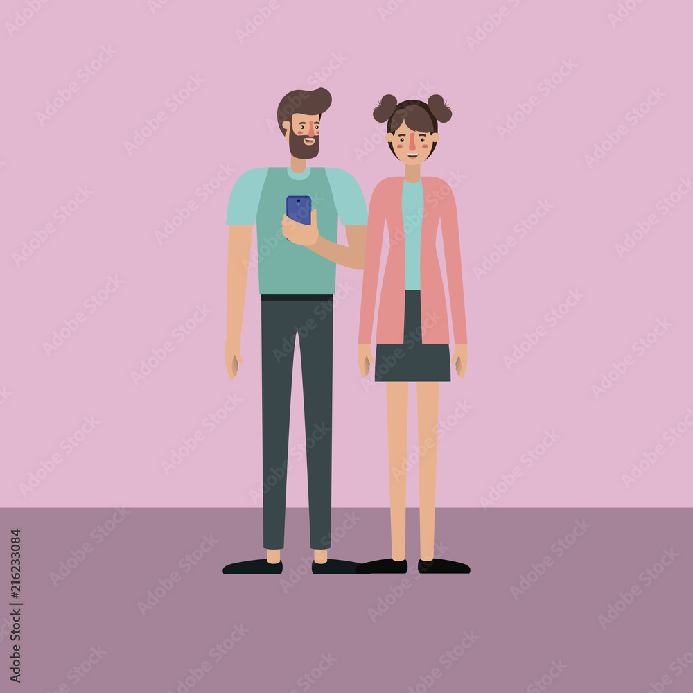 couple using smartphone characters in the field