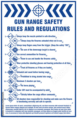 Gun range safety rules and regulations. Live-fire safety rules with signs and symbols. White and blue color sign.