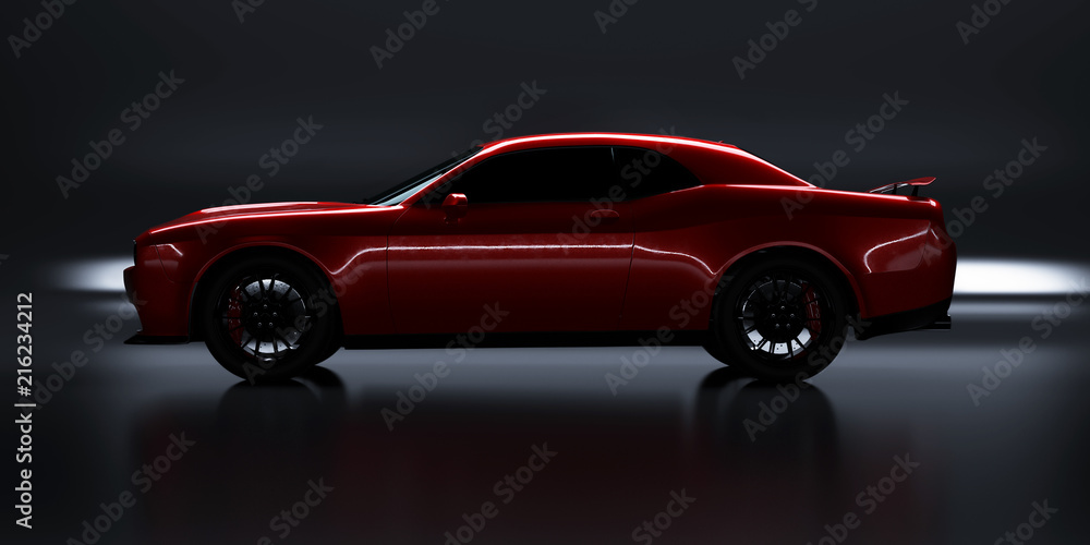 Obraz premium Side angle view of a generic red brandless American muscle car on a grey background . Transportation concept . 3d illustration and 3d render.