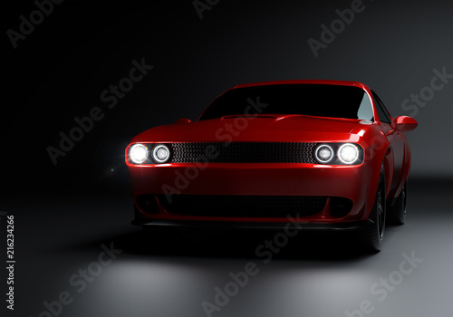 Side angle view of a generic red brandless American muscle car on a grey background . Transportation concept . 3d illustration and 3d render.