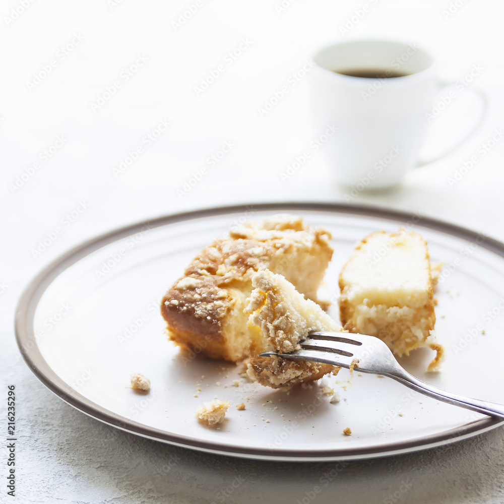 Cup of aromatic coffee and biscuit cake for breakfast on table Cup of aromatic coffee and biscuit cake for breakfast on table