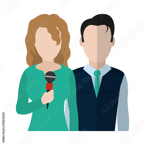 woman and man partner reporters with microphone