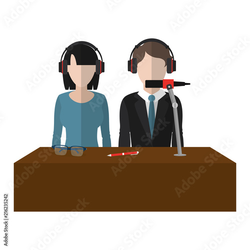 woman and man partner reporters with headphones