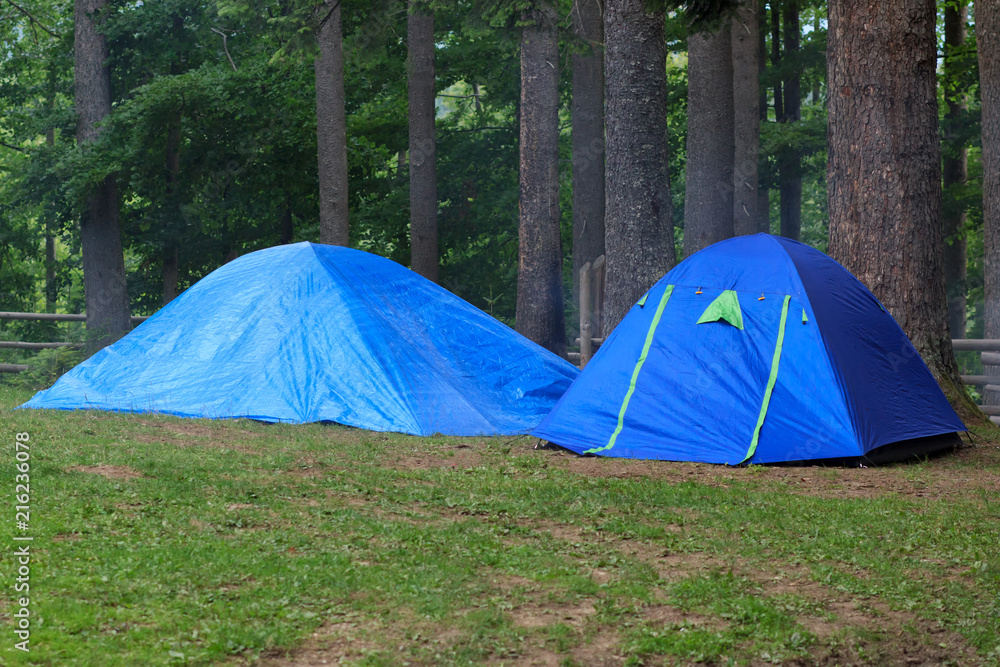 Camping tourism tents on ground in mountain forest