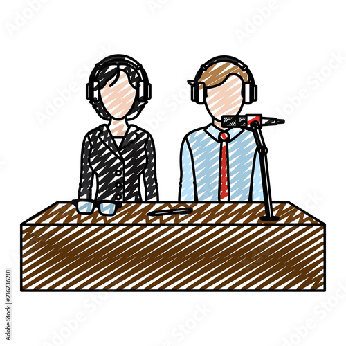doodle woman and man partner reporters press