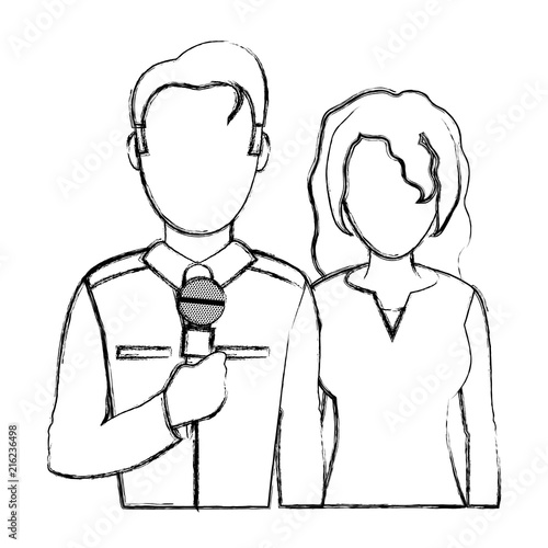 grunge man and woman partner reporters with microphone
