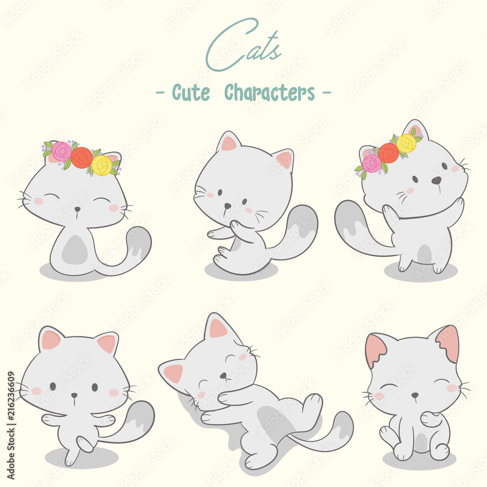 set of cute cat characters vector