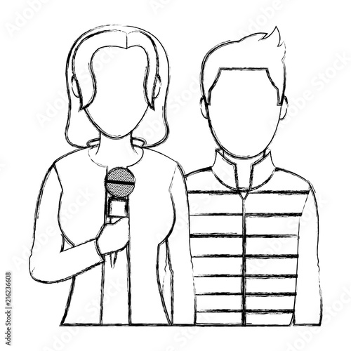 grunge woman and man partner reporters conference