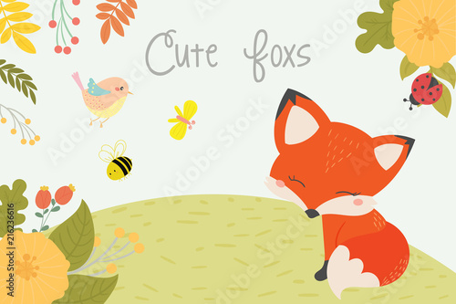 Cute fox in the wild illustration. Hand drawn art.