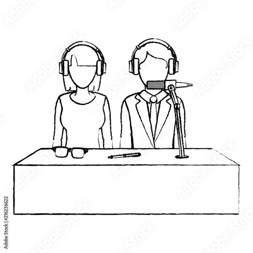 grunge woman and man partner reporters with headphones