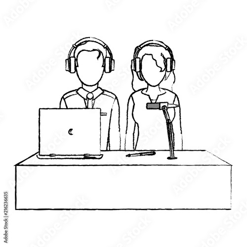 grunge man and woman partner reporters with laptop