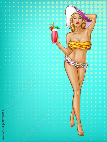 Vector pop art blonde woman in bright swimming suit and hat holds cocktail, drink. Sexy character stands in underwear isolated on blue background for ad poster, promo banner, design illustration.