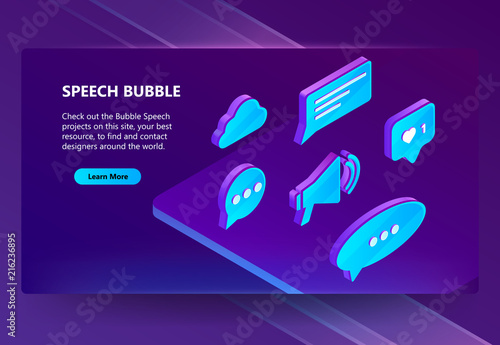 3d vector isometric icons of speech bubbles on the website page isolated on an ultra violet background. Templates for online communication, contacts, conversation, message