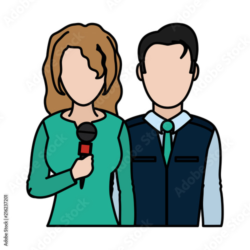 color woman and man partner reporters with microphone