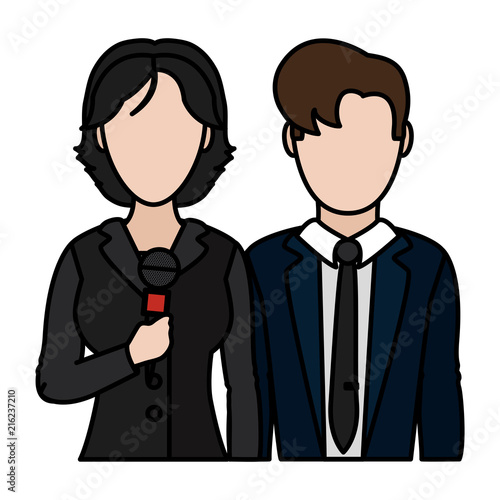 color woman and man press partner reporters