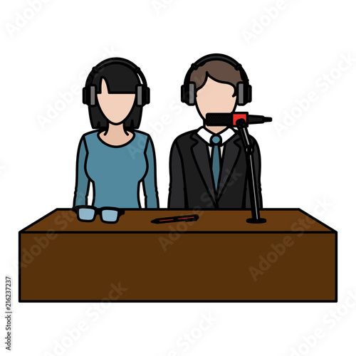 color woman and man partner reporters with headphones