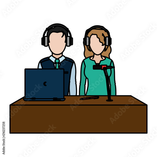 color man and woman partner reporters with laptop