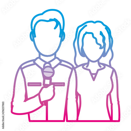 degraded line man and woman partner reporters with microphone