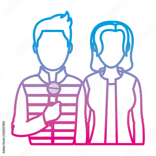 degraded line professional man and woman partner reporters