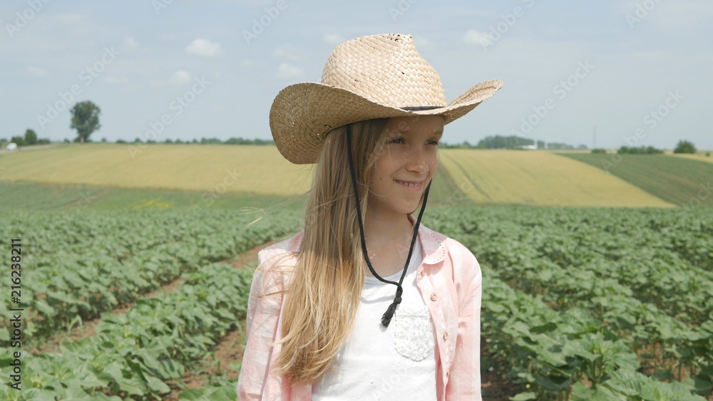 Farmer Child in Sunflower Field, Girl, Kid Studying, Walking in Agrarian Harvest