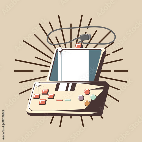 portable video game with decorative sunburst over white background, colorful design. vector illustration