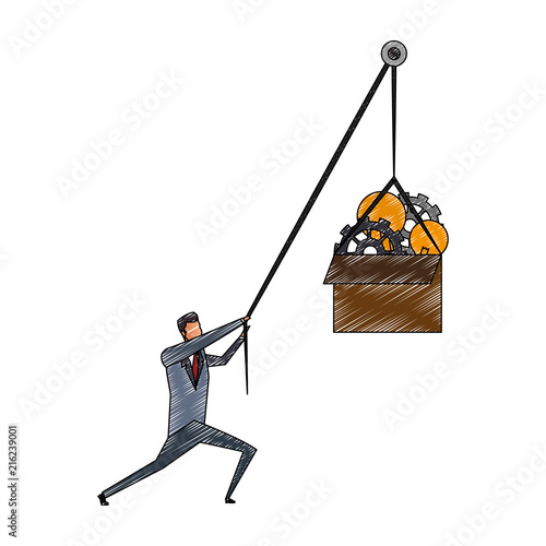 Businessman pulling box with gears and bulb inside vector illustration graphic design