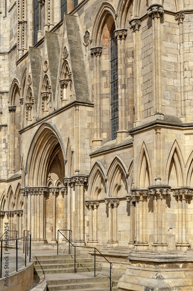 Elaborate tracery on exterior building of York Minster, the historic cathedral built in English gothic architectural style located in City of York, England, UK