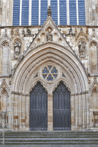 Elaborate tracery on exterior building of York Minster  the historic cathedral built in English gothic architectural style located in City of York  England  UK