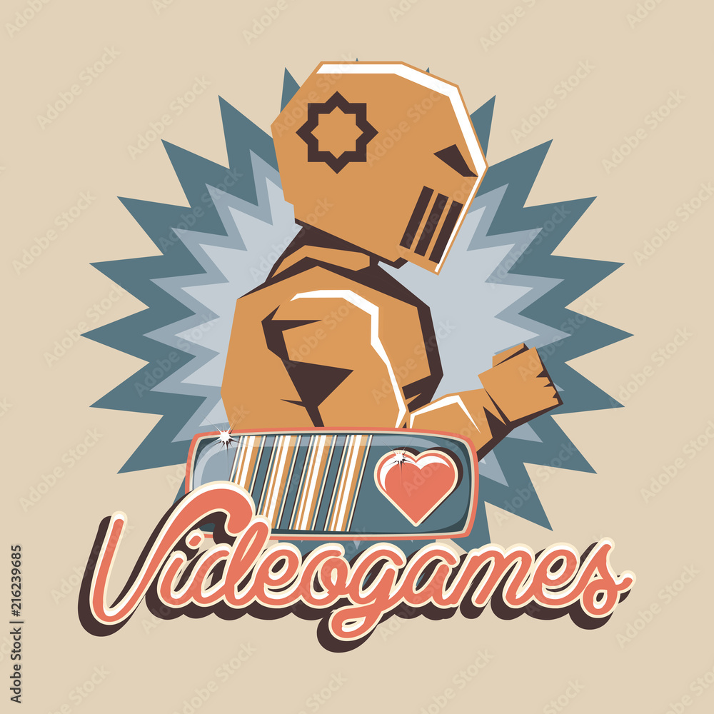 retro videogame design with robot character icon over brown background, colorful design. vector illustration