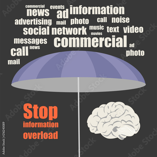 Conceptual image - information overload. A  brain is hiding from the information flow under an umbrella. Vector illustration in a cartoon style.