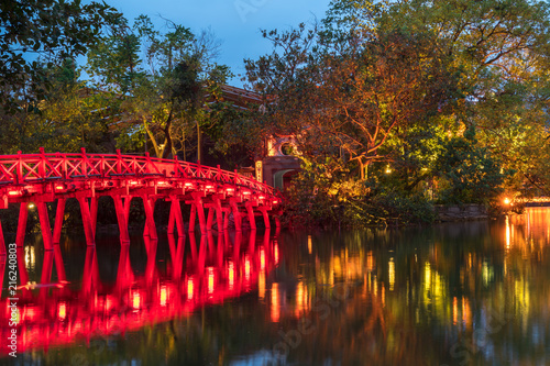 Red Bridge- The Huc Bridge in Hoan Kiem Lake, center of Hanoi, Vietnam