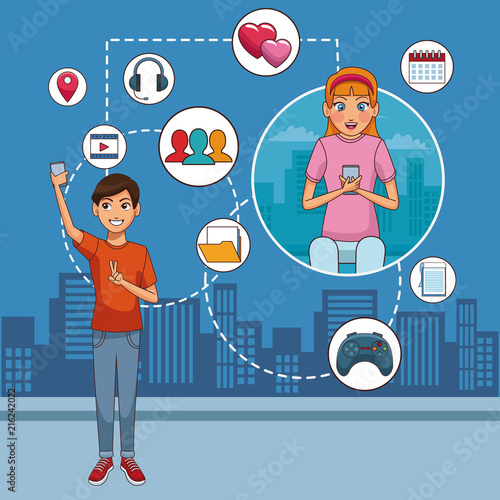 Young man with smartphone and social network symbols vector illustration graphic design