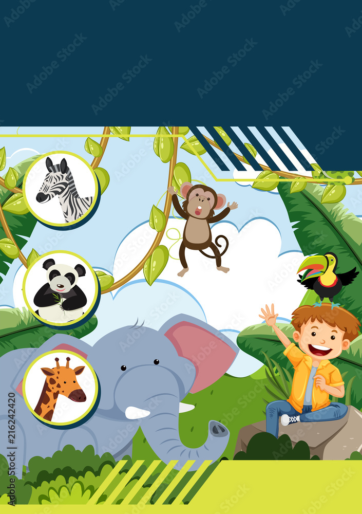 Fototapeta premium A template with boy and wild animals