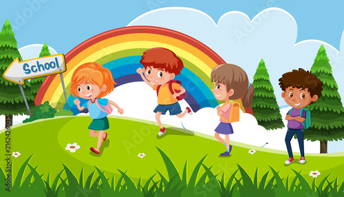 A group of kid going to school