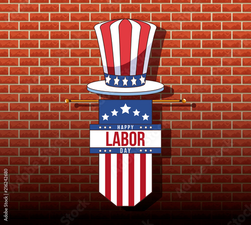 Labor day card with uncle sam hat cartoon over bricks background vector illustration graphic design