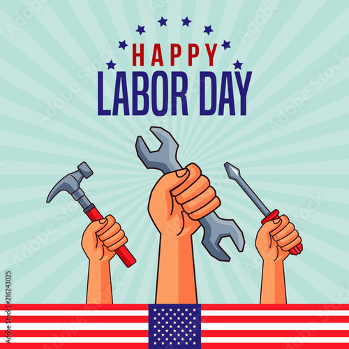 Labor day card with hands holding construction tools cartoons vector illustration graphic design
