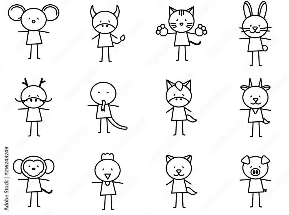 Set of Cartoon simple line charactor in Chinese Zodiac icon concept for vector graphic design Set of Cartoon simple line charactor in Chinese Zodiac icon concept for vector graphic design
