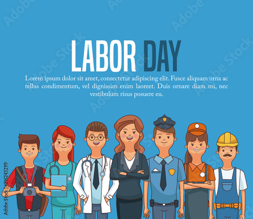 Happy labor day card with people professions and jobs cartoons vector illustration graphic design