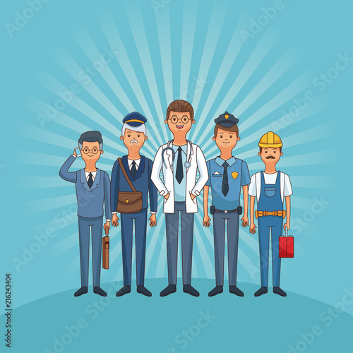 People professions and jobs cartoons over striped background vector illustration graphic design