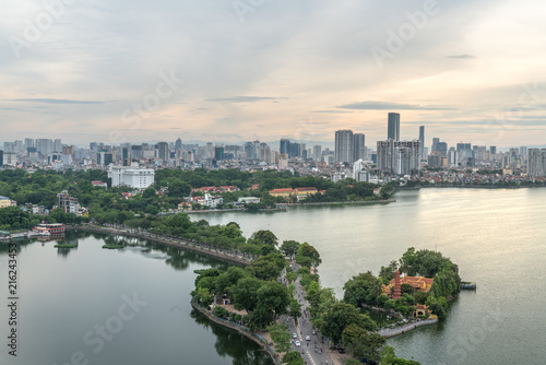 Aerial view of Hanoi skyline at West Lake or Ho Tay. Hanoi cityscape at twilight