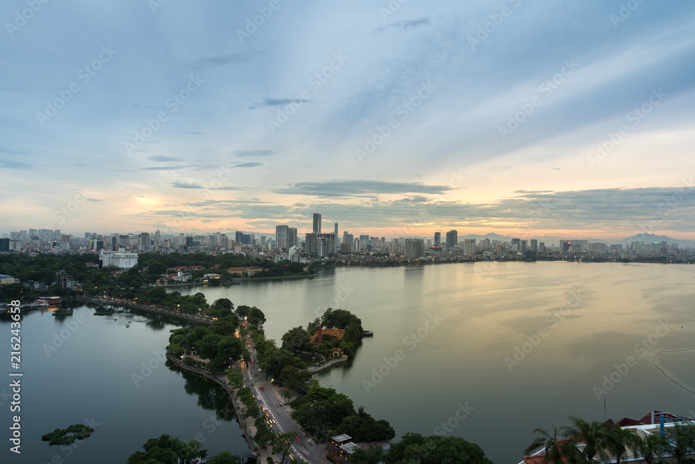 Aerial view of Hanoi skyline at West Lake or Ho Tay. Hanoi cityscape at twilight