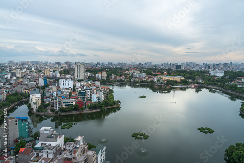 Aerial view of Hanoi skyline at West Lake or Ho Tay. Hanoi cityscape at twilight