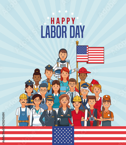 Happy labor day card with people professions and jobs cartoons vector illustration graphic design