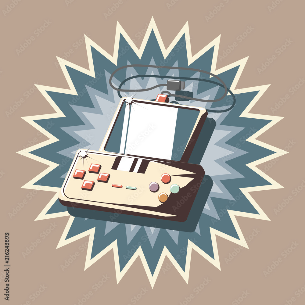 Obraz premium retro videogames design with portable videogame device over burst and brown background, colorful design. vector illustration