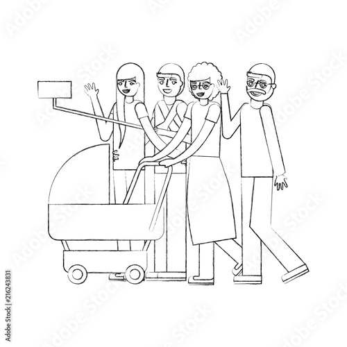 grandparents and parents with pram baby making selfie vector illustration hand drawing