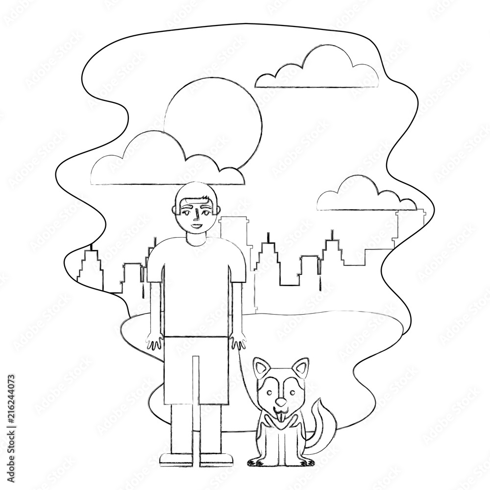 young boy with her siberian husky dog in the park city vector illustration hand drawing young boy with her siberian husky dog in the park city vector illustration hand drawing